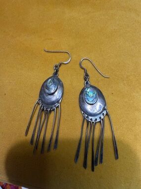 Sterling silver Abalone Teardrop Fringe Earrings - Iridescent Blue-Green